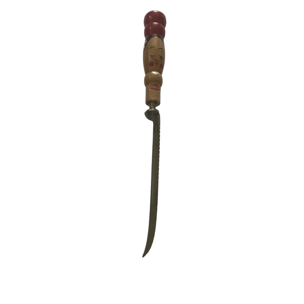 Vintage 40s 50s Hand Painted Face Lady Fillet Knife Kitchen Utensil Red Wood